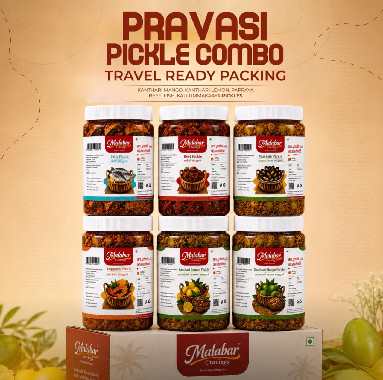 Pravasi Pickle COMBO (Fish + Beef + Mussels + Papaya + Kanthari Lemon + Kanthari Mango)